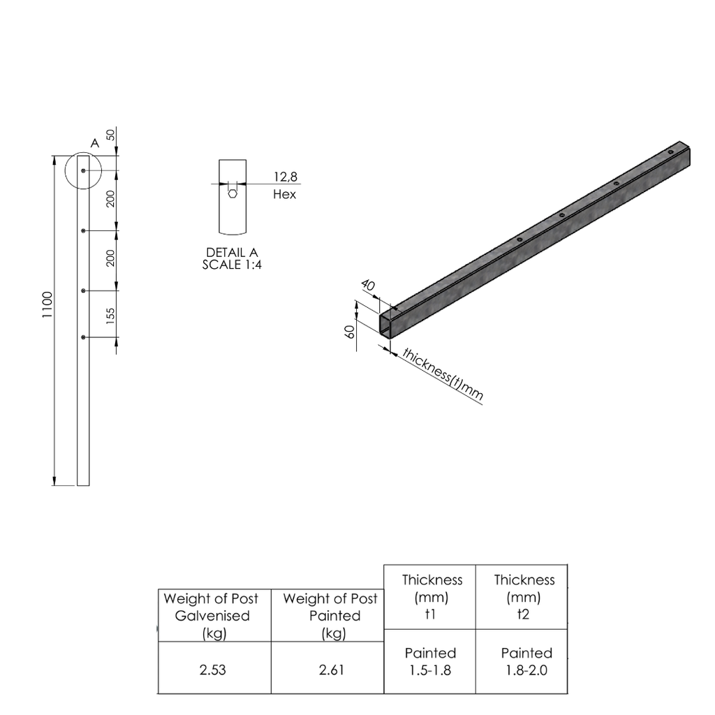 Eckpfosten für Doppelstabmattenzaun - 60x60x2 mm